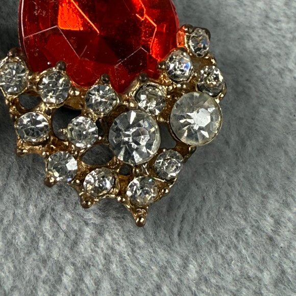 Vintage Gold-Tone Drop Pierced Earrings Red Teardrop Faux Gemstone Rhinestones - Picture 5 of 16
